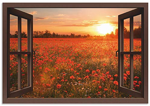 ARTland Wanddeko Wandbild Alu Verbundplatte für Innen & Outdoor Bild Fensterblick Fenster Natur Botanik Blumen Mohnblumen Sonnenuntergang T5ZN