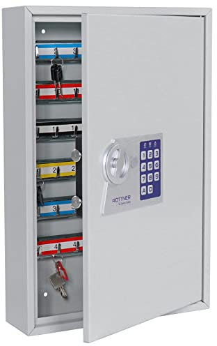 Rottner Schlüsselschrank S 100, Elektronikschloss, Notöffnung möglich, Lichtgrau, BxH 38x55 cm, 100 Schlüsselanhänger gratis, Schlüsselregister, Hakenleiste verstellbar, inkl. Befestigungsmaterial