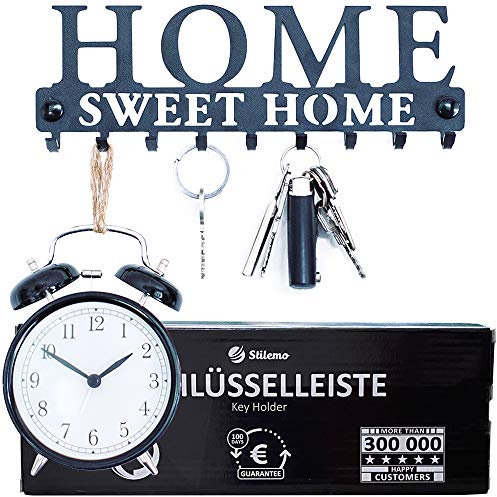Stilemo Key Holder for Organized Hanging - Save time with The Home Sweet Home Key Rack and Key Holders - Key Hanger, in Satin Black - 9 Wall Mounted Hooks - 25 x 8.5 cm
