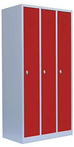 Lüllmann 3er Spind komplett montiert Spindschrank Stahl Kleiderspind Garderobenschrank 3 Abteile Rot 515134 Maße: 1800 x 1185 x 500 mm