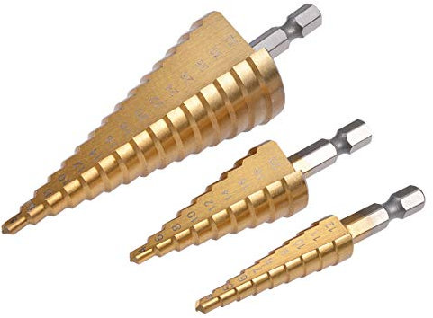 KATUR 3 Stück Step Cone Drill Bit Set, Multi Metric Größe 4-12/20 / 32mm, HSS Stahl, Titan beschichtet, Sechskantschaft, Hochgeschwindigkeits- und Großlochschneider für Holz, Edelstahl, Blech