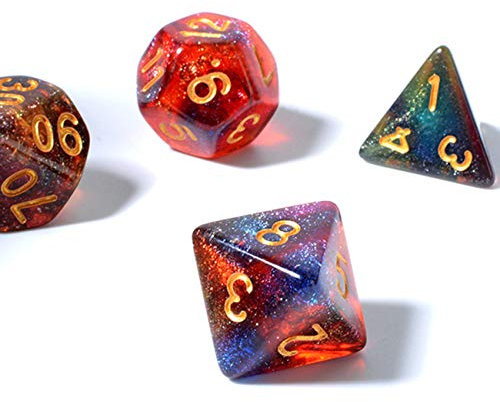 FLASHOWL D20 Würfel Sternenhimmel Farbe ändern unter Licht Milchstraße 4 Farben in einem Würfelspiele Tischspiele Set W20, W12, W10 und Würfel DND RPG MTG (7 Teile)