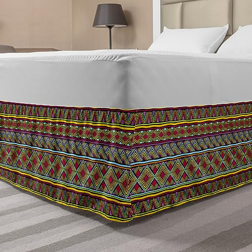 Ambesonne African Elastic Bed Skirt, Colorful Diamond Motifs with Angled Lines Lively Palette Geometric Borders, Wrap Around Fabric Bedskirt Dust Ruffle for Bedroom, King, Multicolor