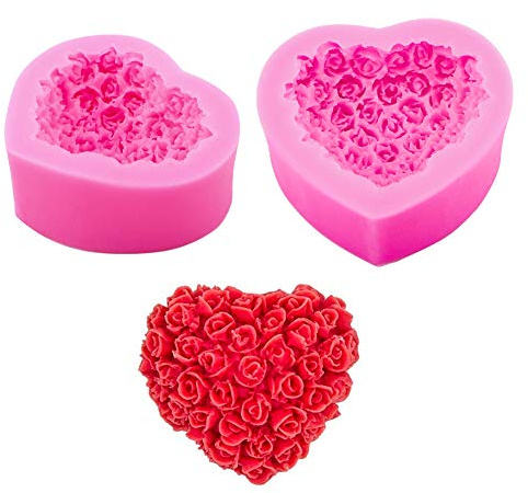 WANDIC Silikonform, 2 Stück, 3D-Herzform, Rosenform, für Seife, Kerze, DIY-Spielzeug, dekorative Ornamente, Kunsthandwerk, rund und rechteckig