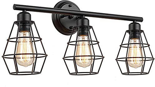 Wandlampe Vintage Industrial Bad Spiegellampe Wandhalterung 3-flammig E27 LED Spiegelleuchte Schwarz Bad-Wandleuchten aus Metall Wand Aufbauleuchte Schrank-Beleuchtung,sstisch Küche Bar Café Flur