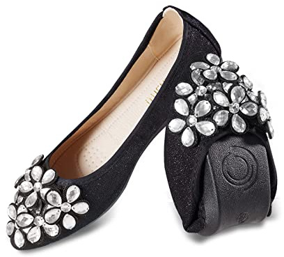 MACHSWON Womens Ballet Flat Black Pumps Ladies Bride Dolly Ballerina with Sparkly Rhinestone Work Office Formal Comfort Pointed Toe Slip On Wedding Flats Shoes(Black, Size 4)