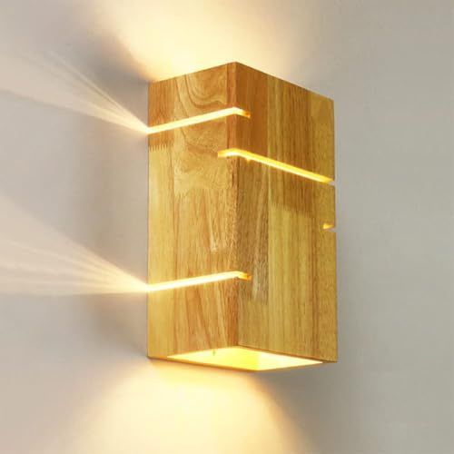 OOWOKS LED Wandleuchte Holz, Wandlampe Innen Vintage Retro Industriestil Lampe Wand 3000K/4000K/6000K 2 x E27 bis Up Down Beleuchtung LED Holz Lampe für Schlafzimmer Wohnzimmer Hotel Treppe Café Flur