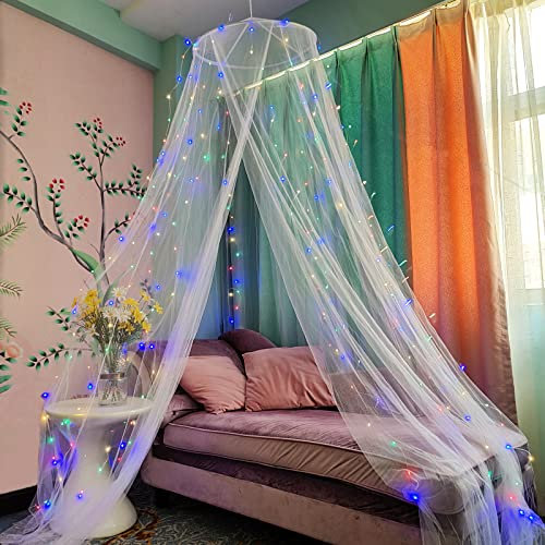 Eimilaly Dosel de Cama Mosquitera con 250pcs Luces de Cortina de Colores, Dosel de Cama para Decoración de Habitación de Niñas o Fiesta Temática, White/Color Lights