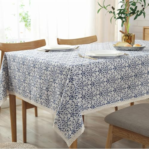 Novetec Tischdecke Blau und Weiß Porzellan Leinenoptik Quaste Tischtuch Abwischbar Fleckschutz Leinendecke Tischwäsche für Draussen Garten Esszimme