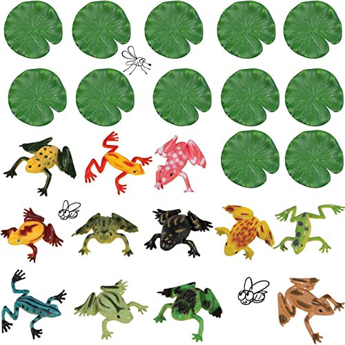 24Pcs Plastic Frogs Set,12Pcs Frog Toy and Artificial Lily Pads Colorful Realistic Frog,Artificial Lotus Leaves Floating Lotus Leaves for Pond Pool Crafts Decoration Micro-landscape Pool Party Decor