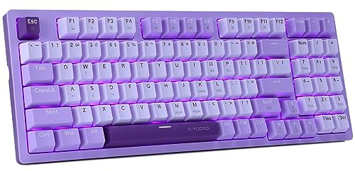 HUO JI Clavier mécanique de jeu compact avec pavé numérique, rétro-éclairage LED violet, interrupteur bleu, câble de type C amovible, 94 touches pour PC/ordinateur/ordinateur portable, blanc et violet