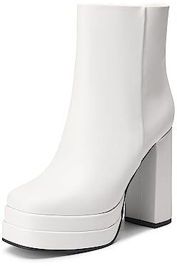 DREAM PAIRS Bottines Gogo à plateforme pour femme - Talons hauts et épais - Bout carré - Confortables - Pour fête, blanc, 41 EU