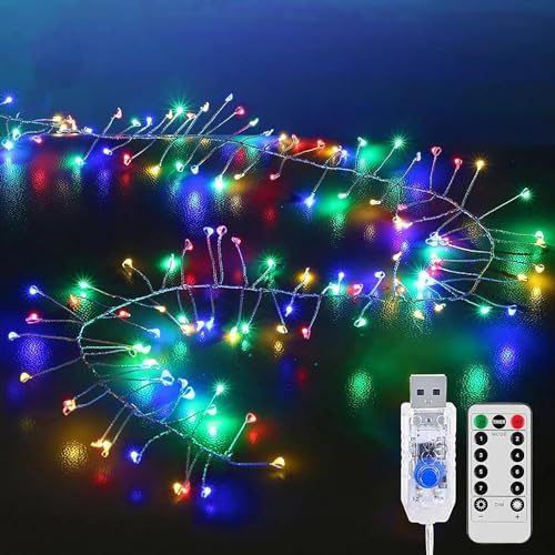 KINGCOO Feuerwerk Lichterkette Außen Innen, 12M 400LED USB Kupferdraht Cluster Lichter 8Modi mit Timer Fernbedienung für Schlafzimmer Hochzeit Party Weihnachten DIY Décor (Mehrfarbig)