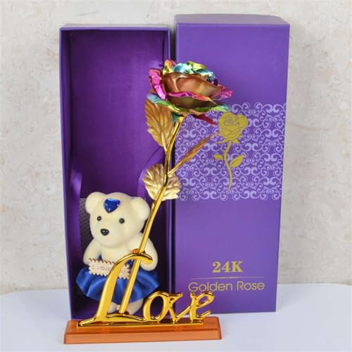 GIBZ Geschenk zum Valentinstag Rosen mit Liebesbasis und Bär Geschenkset Konservierte Ewige Rose Blumen Infinity Rosen Geschenke für Frau Freundin Mama Mutter Muttertag Jahrestag Geburtstag Bunt