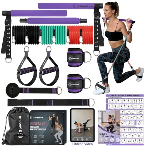 Ensemble de salle de sport portable à domicile, barre de Pilates et barre de résistance avec poignées. Équipement de fitness polyvalent pour les entraînements du corps entier - Livré avec des affiches