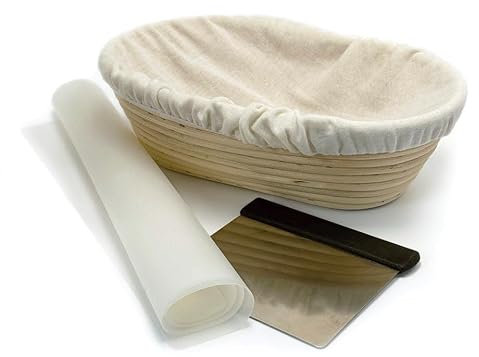LEHRMANN Gärkorb Oval zum Backen (26x15 cm, H 8 cm, 750g) aus Peddigrohr mit Teigschaber und Silikonmatte Profi Set für zu Hause zum Brot backen