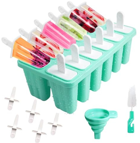 Eisformen Eis am Stiel Silikon, 12 Löcher Wiederverwendbare (Grün) | BPA-freie Eisförmchen mit Antihaftbeschichtung, Inklusive Silikon-Falttrichter & Reinigungsbürste für Selbstgemachtes Eis
