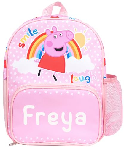 Peppa Pig Sac à dos personnalisé pour fille - Poche en maille pour bouteille d'eau et poches zippées à l'avant - Personnalisable avec n'importe quel nom, Rose, S