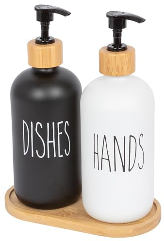 Harbour Housewares 2 Piece Glass Hand and Dish Soap Dispenser Set with Bamboo Tray - 500ml White and Black Refillable Bottles with Pumps - Kitchen and Bathroom Accessories for Sink Organisation