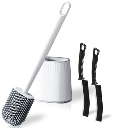 Bmeigo Silicone Toilet Brush with Holder Crevice Cleaning Brush Set, Toilet Brush Silicone Flexible Bristles Long Handle Flooring/Wall Mounted Deep Cleaner Anti-drip for Toilet Bowl Bathroom (White)