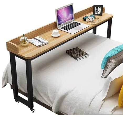 Comodino mobile per computer, postazione di lavoro con carrello per laptop, scrivania sopra il letto, tavolo da lettura portatile con ruote e gambe robuste, noce chiaro + ripiano nero (110 x 40 x 80