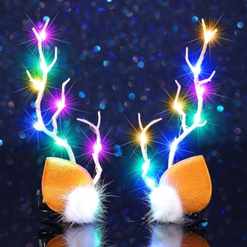 Zoestar LED-Weihnachts-Haarspangen, beleuchtetes Geweih, Haarspangen, Elch, Hirsch, Weihnachts-Haarnadeln, leuchtend, Festival, Kostüm, Haarschmuck für Damen (2 Stück) (Buntes Licht, Einheitsgröße)