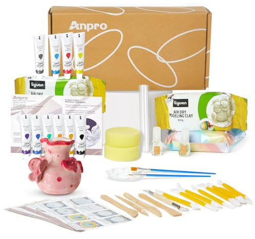 Anpro Lufttrocknendes Ton-Töpfer-Set für Anfänger, Töpferset für Zuhause, Keramik Set für Erwachsene und Kinder, Töpfern, Kreative DIY Geschenke