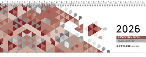 Zettler Calendrier paysage de table 1W/2S rouge 2026 – Calendrier de bureau 30 x 10 cm, calendrier hebdomadaire avec 1 semaine sur 2 pages, calendrier en 3 langues, reliure en spirale et division