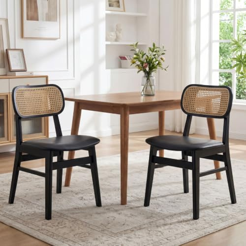 Ya-Home Esszimmerstühle 2er Set PU Leder Küchenstühle mit Rückenlehne Akzentstühle Rattan Polsterstuh mit Massivholzbeinen für Esszimmer/Wohnzimmer/Küche, Schwarz