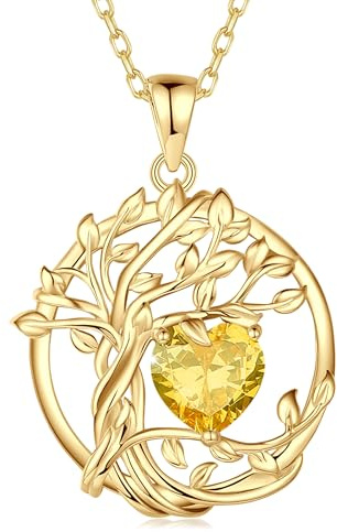 FANCIME Collier Pendentif Arbre de Vie Femme, Pendentif Arbre Plaqué Or 14K avec Pierre de Naissance, Bijou Cadeau Anniversaire pour Elle, Longueur de Chaîne : 40+5 cm | Argent Sterling 925 Plaqué Or 14 Carats, Bijoux Fin, Noël Fête des Mères Anniversaire de Naissance Cadeau pour Femme Elle