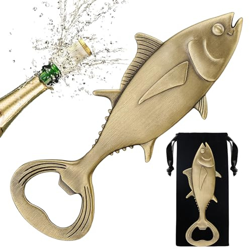 LKKCHER Tuna Beer Bottle Opener, Fishing Gifts for Fisherman, Tuna Fish Decoration, Birthday Fathers Day Christmas Gifts for Men Women Dad Fisherman, Bronze Beer Accessories with Bag