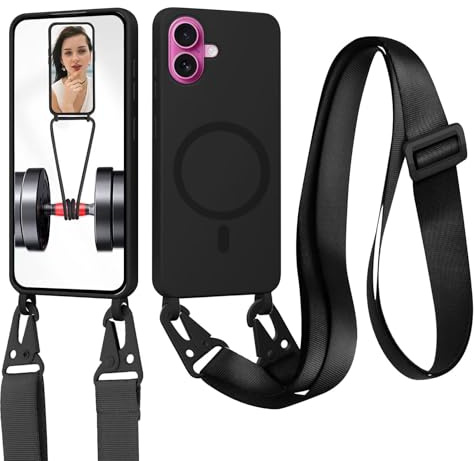 xinyunew Cordon de Coque Compatible avec iPhone 17 Compatible avec MagSafe Coque,Collier Étui Silicone Liquide avec Tour de Cou Lanière en Corde Souple TPU Antichoc Housse-Noir