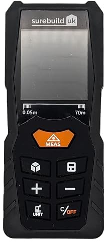 Surebuild UK SBHTDIST70 Laser Distance Measure Tool, 70M Range, ±2mm Accuracy, Class 2 Laser, ABS+TPE Rubber, IP54 Rated