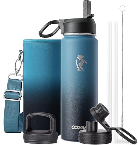 Coolflask Botella de agua de 24 onzas aislada con popote, metal de acero inoxidable, 3 tapas, botella de agua de boca ancha para deportes u oficina, sin BPA, mantiene el frío hasta 48 horas o caliente