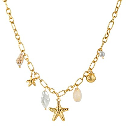 TONLUYAX Gold Starfish Necklace for Women Charms Baroque Pearl Shell Necklace Summer Conch Beach Jewelry