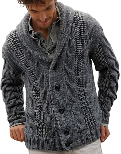 Chaqueta de punto gruesa para hombre, manga larga, patrón trenzado, cuello de chal informal, prendas de punto con botones, sobreabrigo de solapa, ropa exterior de invierno, cárdigan liso, jersey