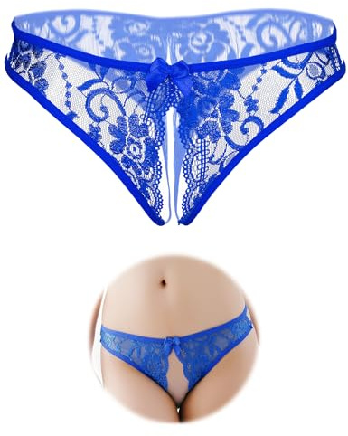 FULLJOYLOVE Perizoma in Pizzo Sexy da Donna Slip Inguinale Aperto Mutandine a Vita Bassa Slip Sfacciati Vedere Attraverso Slip Brasiliani per Le Signore Biancheria Intima Hipster Carina Blu XL