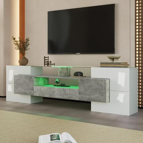 KOMHTOM Meuble TV Moderne avec 6 Portes et 2 Tiroirs, Meuble de Salon avec éclairage LED, pour Salon, Salle à Manger et Chambre à Coucher (Blanc+Gris 60-69inches)
