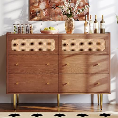 OUNICE Commode avec 6 tiroirs, Buffet en rotin pour Chambre à Coucher et Tous Les espaces de Vie, Noyer - 120x40x90 cm
