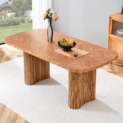 OUNICE Table à Manger en Bois de Couleur Noyer avec Support de Colonne en Forme d'arc – 180×90cm, Multifonctionnel pour Salle à Manger et Zone de réception, élégant Moderne
