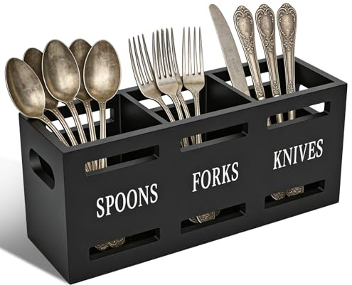 bssmmai Cutlery Set With Holder Caddy Stand Organiser Countertop for Forks, Spoons, Knives, Three Large-Capacity Compartments, Black