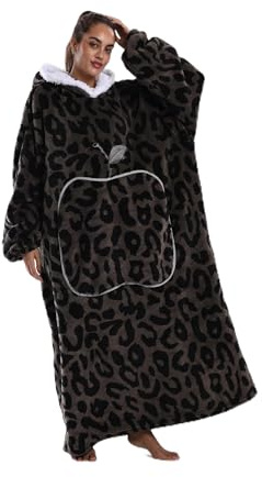 Yzehomijia Lange Hoodie Decke mit Ärmeln für Damen & Erwachsene - Kuscheldecke mit Ärmeln - Weiche & Warme Decke zum Anziehen als Geschenk für Damen Herren. (Brown Leopard Print)
