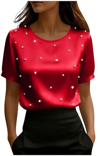 Uwdiohq Womens Elegant Pearls Beaded Neck Long Sleeve Blouse Solid Loose Fit Satin Tops Fashion Summer Outfits Women Ladies T Shirts for UK Shirt Black and Blouses Boho Women's & Pink White Top