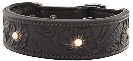 MICHUR Pablo Hundehalsband Leder, Lederhalsband Hund, Halsband, BRAUN, Leder, mit gestanzten Blumenmuster und weißem Stein, in verschiedenen Größen erhältlich