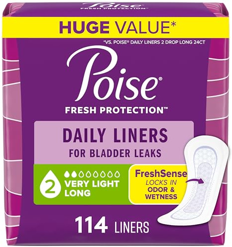 Poise Daily Liners, Incontinence Panty Liners for Bladder Leaks, 2 Drop Very Light Absorbency, Long Length, 114 Count of Pantiliners, Packaging May Vary