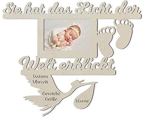 Schlummerlicht24 Licht & Deko personalisierter Baby-Bilderrahmen Storch | Mit Namen, Geburtsdaten und Fotoeinsatz – zum Aufhängen als bleibende Erinnerung an Geburt oder Taufe im Babyzimmer