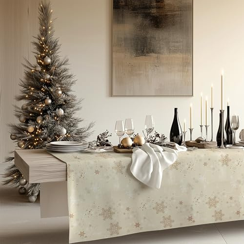 KP HOME Creme Wachstuchtischdecke Weihnachten PVC Tischdecke mit Schneeflocken - Abwischbare Wachstuch Wachstischdecke Groß 140x140 Wasserdichtes Wachstuchtischdecke Vinyl Tischdecke Outdoor