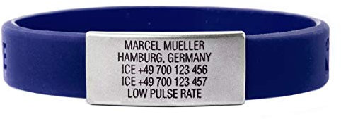 ICEstripe Notfall ID Armband Personalisierte Benutzerdefinierte Medizinische Alarm Armband mit Edelstahlplatte inkl. Kostenlose Gravur nach Wunsch Sport ID (Navy Blau, 180)
