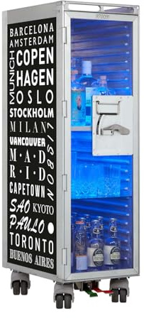 Bartrolley Cosmopolitan Schwarz inkl. LED Fachboden, Barbrett & Fachboden aus Glas, Gebrauchter Trolley aus der Luftfahrt - hochwertig restauriert, Flugzeugtrolley Bar, Airline Trolley, Hausbar