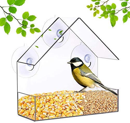 Lifreer Fenster Vogelhäuschen, Wildvogelhäuschen aus Kunststoff mit Dach, 3 Saugnäpfen und Saatgutschale (transparente Farbe)